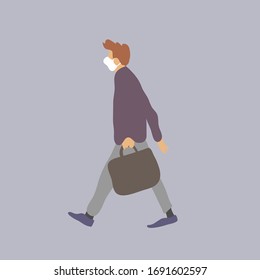 Hombre caminando con máscara antivirus. Ilustración vectorial plana.