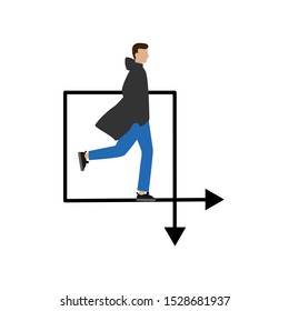 Man walking, arrow sign.Сurved arrow. Flat cartoon character isolated on white background