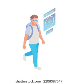 Hombre caminando en gafas de realidad aumentada mostrando datos de actividad 3d ilustración vectorial isométrica