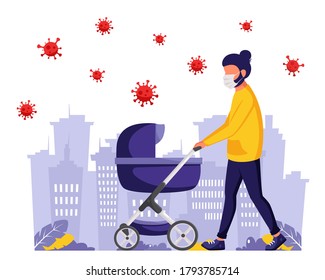 Man walking with baby carriage during pandemic. Man in face mask. Outdoor activities during pandemic. Vector illustration in flat style.