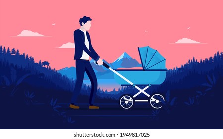 Hombre caminando con un baby pram - Un hombre de negocios se toma su tiempo libre para cuidar del bebé, caminando con un coche en el paisaje. Concepto de licencia de paternidad. Ilustración vectorial.