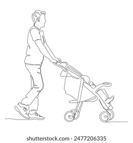 Man walking with baby stroller. Father's day. Side view. Continuous line drawing. Black and white vector illustration in line art style.