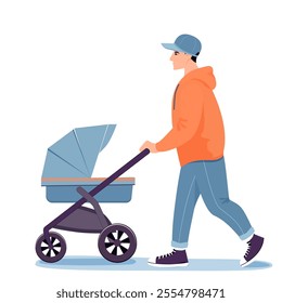 Man Walking with a Baby Stroller in Flat Vector Style