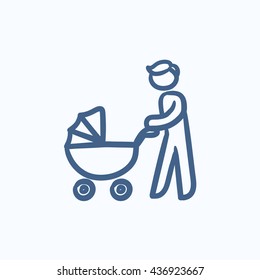 Man walking with baby stroller vector sketch icon isolated on background. Hand drawn Man walking with baby stroller icon. Man walking with baby stroller sketch icon for infographic, website or app.