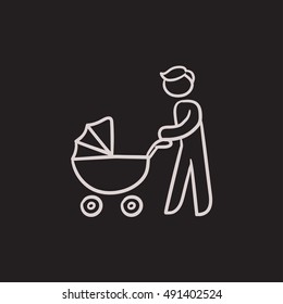Man walking with baby stroller vector sketch icon isolated on background. Hand drawn Man walking with baby stroller icon. Man walking with baby stroller sketch icon for infographic, website or app.