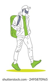 Man walking with backpack casual attire minimalist design colorful elements