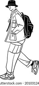 Hombre caminando con la mochila Hipster gente calle usar arte de línea dibujada a mano Ilustración