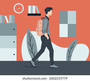 A man walking with a backpack in a modern style illustration