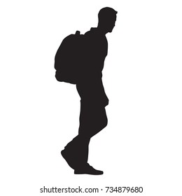 Man Walking With Backpack On His Back, Isolated Vector Silhouette