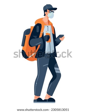 man walking with backpack over white