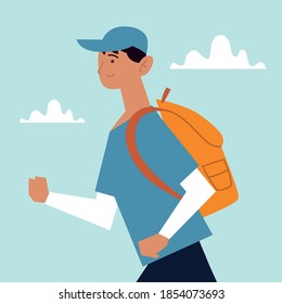 man walking with backpack portrait cartoon vector illustration
