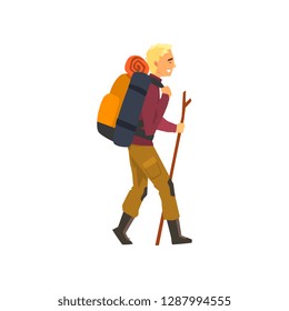 Man walking with backpack and stuff, outdoor adventures, travel, camping, backpacking trip or expedition vector Illustration