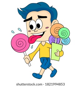 a man is walking with a bag of candy lollipops. cartoon illustration cute sticker