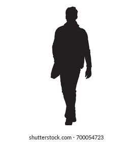 Man walking with bag over his shoulder, vector silhouette, front view