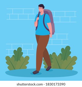 man walking with bag and shrubs design, Outdoor activity and season theme Vector illustration