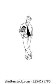 man walking in the bag there are flowers casual style man wearing street hand drawn art illustration