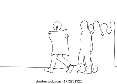 man walking with a banner in front of the crowd - one line drawing. political activist walks with a large poster behind him a silhouette of a crowd of people. concept, rally, protest, commemorative 