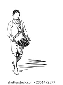 Man walking barefoot drumming a drum; Freehand drawing of faceless person playing percussion musical instrument; Vector simple sketch; Hand drawn illustration isolated