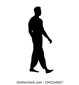 Man walking barefoot, isolated vector silhouette, side view