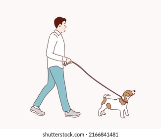 man walking a beagle dog. Hand drawn style vector design illustrations.