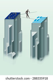 A man walking between Europe and Greece by a tightrope