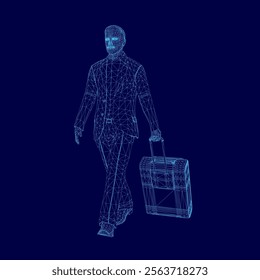 Man is walking with a briefcase in his hand. The image is in blue and the man is wearing a suit