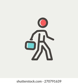 Man geht mit einem Briefkasten Symbol dünne Linie für Web und mobile, moderne minimalistische flache Design. Vektorsymbol mit dunkelgrauem Umriss und Offset-Farbe auf hellgrauem Hintergrund.