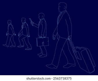 Man is walking with a briefcase and a suitcase. He is holding a cell phone in his hand