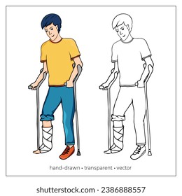 Mann, der mit gebrochenem Bein in gegossenen Krücken geht. Rehabilitation und Behandlung nach dem Unfall. Gliedmaßen zerreißen oder verlegen. Knochenverletzung bei jungen Patienten.