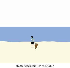 Man walking with brown dog on the beach while on holiday or vacation by the coast. Travel and animal concept