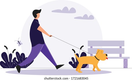 A man is walking with a brown dog. Vector illustration in a flat style