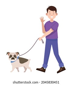 man walking with bulldog characters