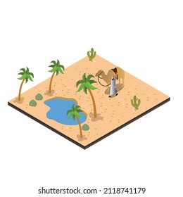 Der Mensch, der mit Kamel in der Wüste geht, isometrische 3D-Vektorgrafik-Concept-Banner, Website, Landungsseite, Werbung, Flugblatt-Vorlage