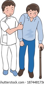 A man walking with a cane and a caregiver