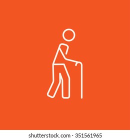 Hombre caminando con el icono de la línea de caña para web, móvil e infografía. Icono blanco vector aislado en fondo rojo.