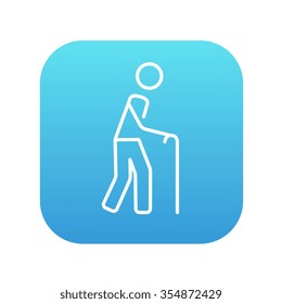 Hombre caminando con el icono de la línea de caña para web, móvil e infografía. Icono de blanco vector en el cuadrado de gradiente azul con esquinas redondeadas aisladas en fondo blanco.