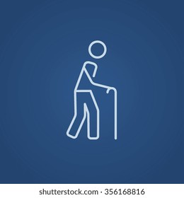 Man walking with cane line icon for web, mobile and infographics. Vector light blue icon isolated on blue background.