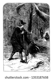 A man walking with cane, two people in background, vintage line drawing or engraving illustration