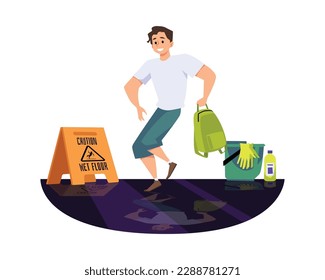 Man walking carefully on wet floor, flat vector illustration isolated on white background. Basket with cleaning supplies and wet floor caution sign. Concepts of safety and precaution.