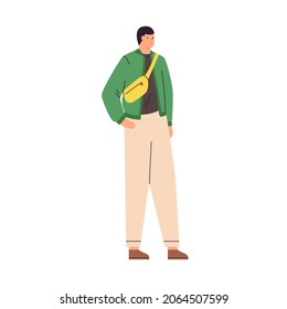 Man walking in casual spring clothes. Guy going with cross-body belt bag, wearing jacket and pants. Person in modern stylish outfit. Colored flat vector illustration isolated on white background