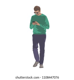 Man walking with cell phone in hands and texting. Isolated vector illustration