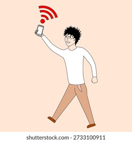 A man is walking with a cell phone in his hand. The phone is connected to a wifi network