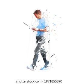 Man walking with cell phone and typing message, low polygonal isolated vector illustration. Geometric drawing from triangles, side view