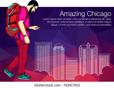 Man walking in a city with backpack and mobile.  Vector illustration of buildings of Chicago