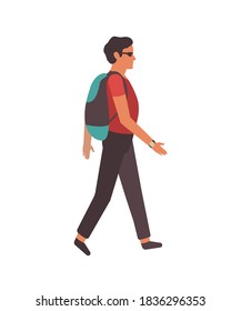 Man walking in the city. Modern young happy cartoon male charecter with backpack and sunglasses walks in park, leisure time activities outdoors urban life flat vector isolated illustration
