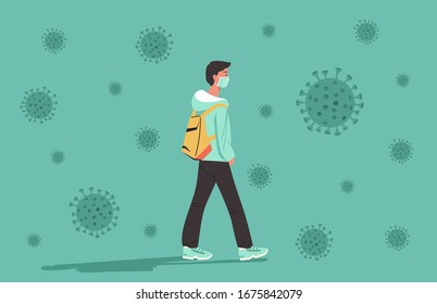 man walking in the city and wearing medical face mask to protect yourself from virus spreading, flu prevention, coronavirus quarantine concept, character cartoon flat vector illustration