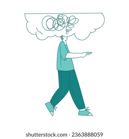 Man Walking with Clutter or Tangled Skein Suffer from Psychic Illness Vector Illustration