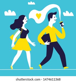 Man walking with coffee and girl smells coffee behind him. Cartoonl illustration for your design.