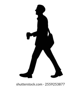 man walking with coffee silhouette on white background, vector