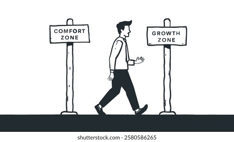 man walking from comfort zone to growth zone. Success. Career.Self improvement. 